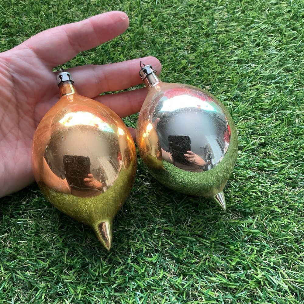 Vintage Poland Glass Christmas Ornaments Teardrop Gold Silver Set of 2